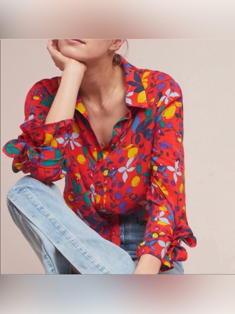 Maeve Anthropologie Red Floral Fruit Print Tie Sleeve Blouse 8 Boho Statement